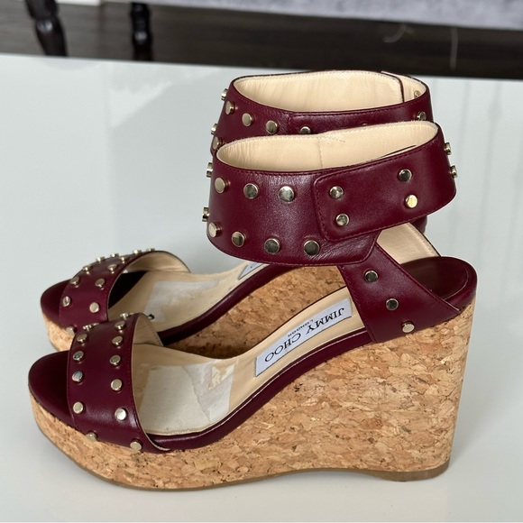 JIMMY CHOO
 Maroon Studded Leather Veto Wedge Platform Sandals - Picture 2 of 4